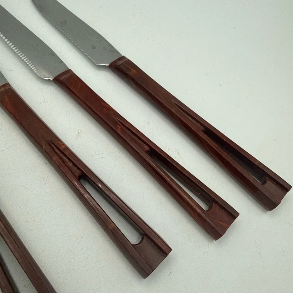 6 VTG Stanley Deluxe Stanhome Steak Knives Catalina Lucite Cut Out Handle MCM
